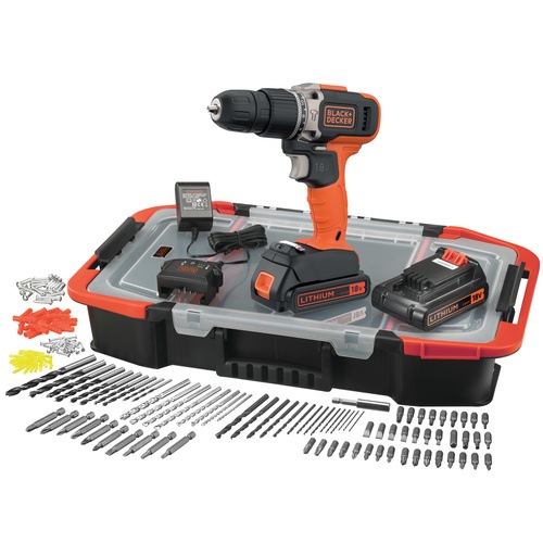 Black And Decker - 18V Lithiumion 2 Speed Hammer Drill with 2x 15Ah Batteries 400mA Charger and 160 Accessories in a Click  Connect Box - BCD003BAST