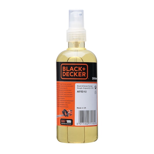 A 300ml spray bottle of BLACK+DECKER hedge trimmer lubricant, model A6102-XJ, with a transparent yellow liquid and a white plastic spray nozzle. The label features the BLACK+DECKER logo, product details, and barcode.
