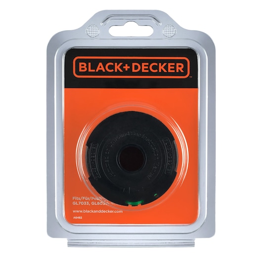 BLACK+DECKER replacement spool A6482 in its packaging, designed for string trimmers. The spool is visible in a clear plastic blister attached to an orange and black card with the BLACK+DECKER logo.