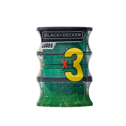 BLACK+DECKER A6486 replacement trimmer line 3-pack, green spool in transparent packaging, front angle.