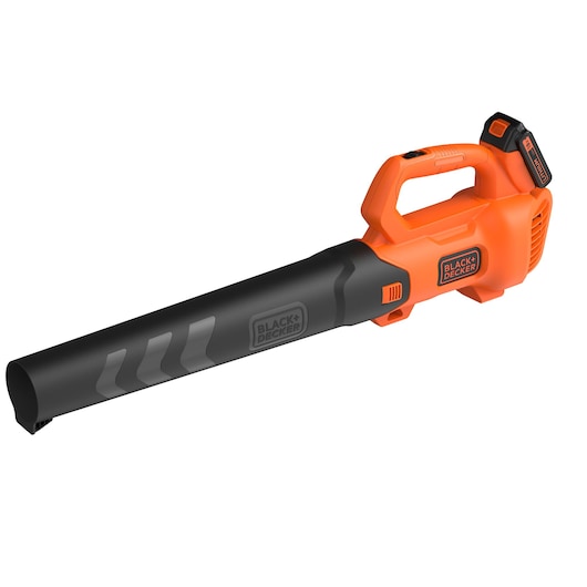 BLACKDECKER BCBL200L orange and black cordless leaf blower, side angle, photography on white background.