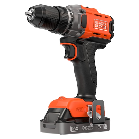 BLACK+DECKER cordless drill with black and orange design, 18V lithium battery, ergonomic handle.
