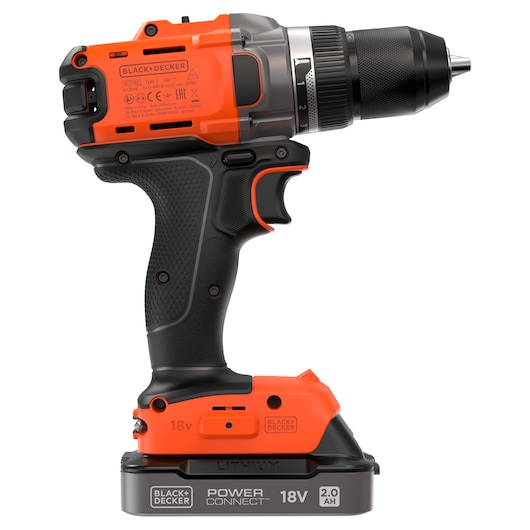 BLACK+DECKER 18V cordless drill with PowerConnect battery, black and orange, side view on white background.