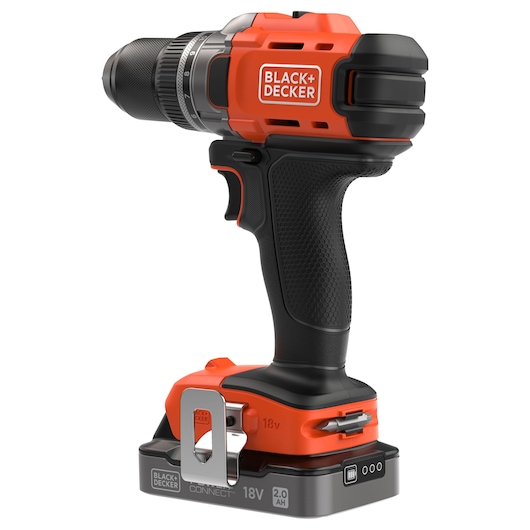 BLACK+DECKER cordless power drill with 18V battery, orange and black design, shown on a white background.