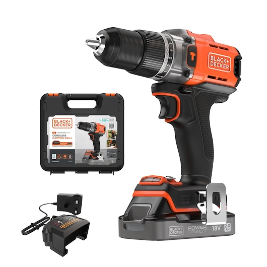 BLACK+DECKER BCD383D1XK cordless hammer drill set, side angle, includes case and charger.