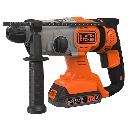 A BLACK+DECKER 18V cordless rotary hammer drill with an orange and black design. It features a side handle, depth gauge, and a lithium battery pack labeled 'Power Connect 18V 2.0Ah'.