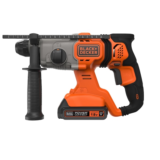Cordless BLACK+DECKER hammer drill, orange and black, with 18V lithium battery and side handle.