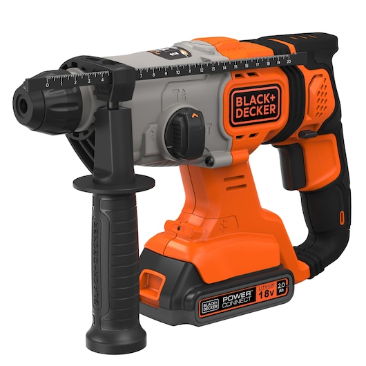 BLACK+DECKER cordless rotary hammer drill with an 18V lithium battery, orange and black color, side handle and depth gauge, suitable for heavy-duty drilling tasks.