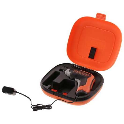 BLACK+DECKER BCF611CK cordless screwdriver kit with orange and black case, charger and accessories, front angle.