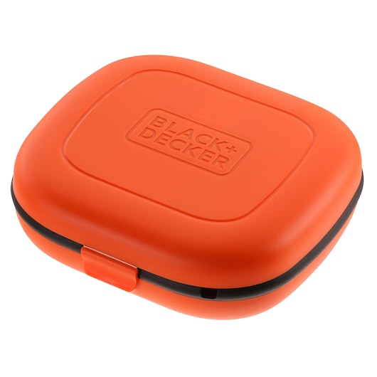 BLACK+DECKER BCF611CK orange rectangular hard case with rounded edges, top view on white background.