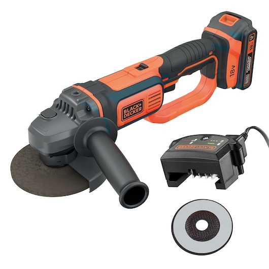BLACK+DECKER cordless angle grinder with an 18V battery, side handle, charger, and an additional grinding disc displayed.