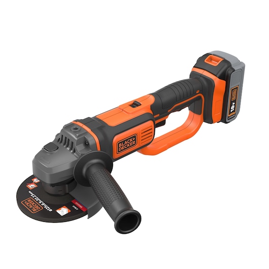 A BLACK+DECKER cordless angle grinder with an orange and black body, an adjustable side handle, and an 18V lithium battery.