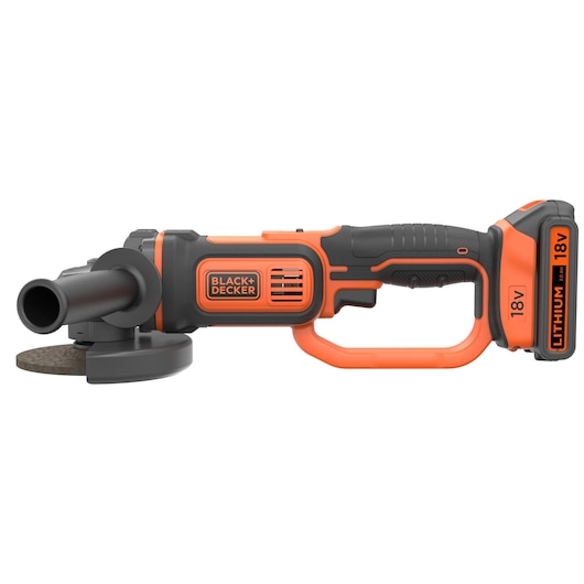 A BLACK+DECKER 18V cordless angle grinder with lithium battery, featuring an ergonomic black and orange design and side handle.