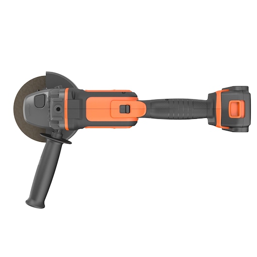 Cordless angle grinder with orange and black casing, viewed from above, featuring a side handle and cutting disc.