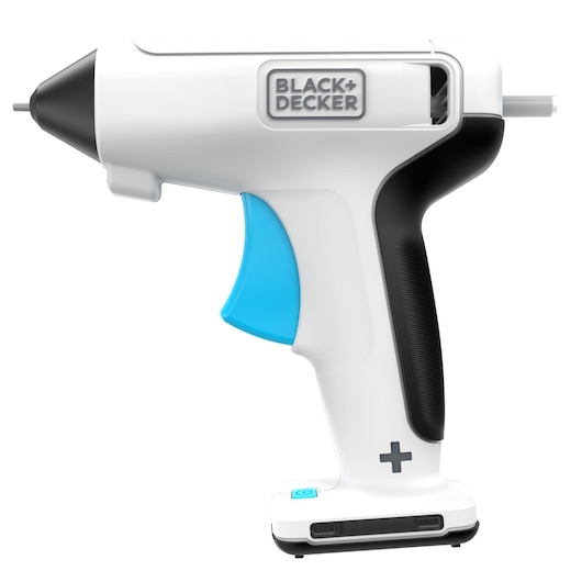 BLACK+DECKER BCGL115 cordless glue gun with black, white, and blue accents, right side view, on white background.