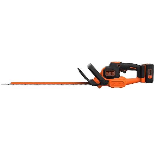 A BLACK+DECKER cordless hedge trimmer with an orange and black design, featuring a 36V lithium battery and ergonomic handle.