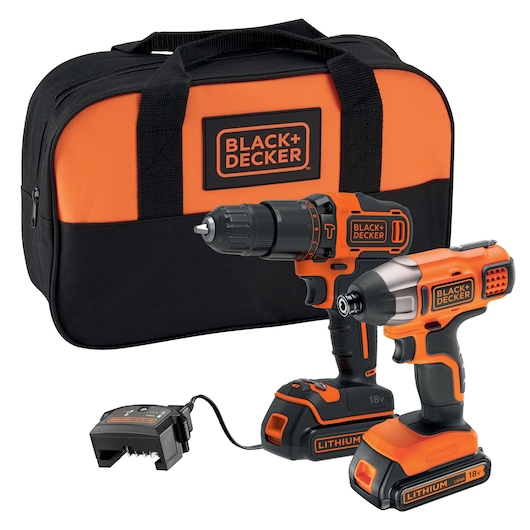 BLACK+DECKER cordless power tool set with orange and black carrying bag, including an 18V lithium drill, an 18V lithium impact driver, and a battery charger.