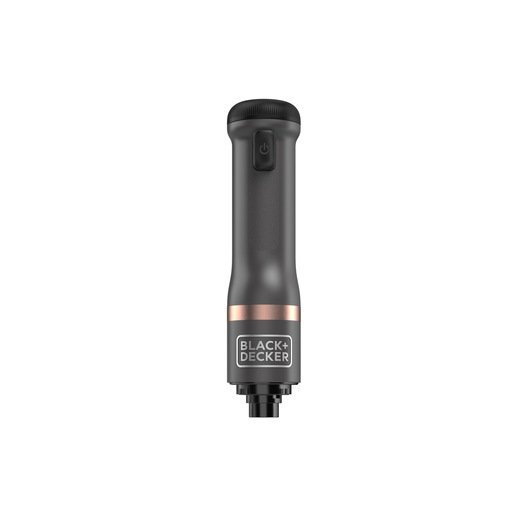 A BLACK+DECKER branded handheld device with a dark body, copper accent ring, power button, and connector at the bottom, photographed against a white background.