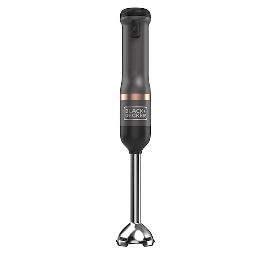 A BLACK+DECKER hand blender with a black handle, a copper accent band, and a stainless steel blending shaft, shown upright against a white background.