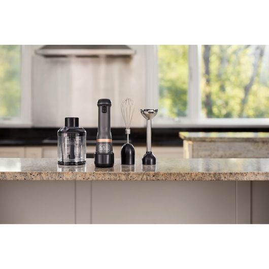 Photo of BLACK+DECKER BCKM1013KG kitchen hand blender set with attachments on a countertop.