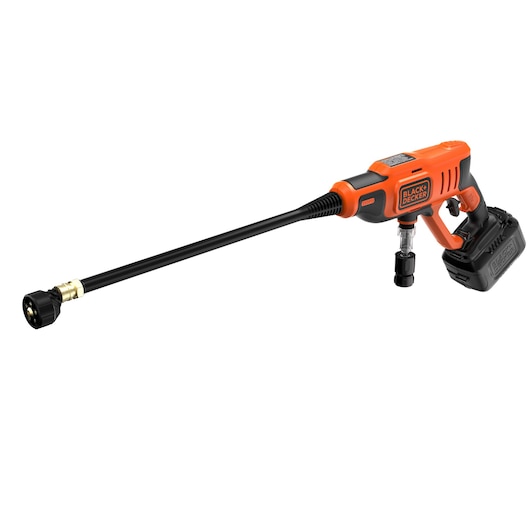 BLACK+DECKER cordless pressure washer with an orange and black design, equipped with a long nozzle and battery pack.