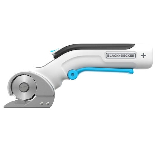 Photo of BLACK+DECKER BCRC115 cordless electric rotary cutter, white and blue, right side view on white background.