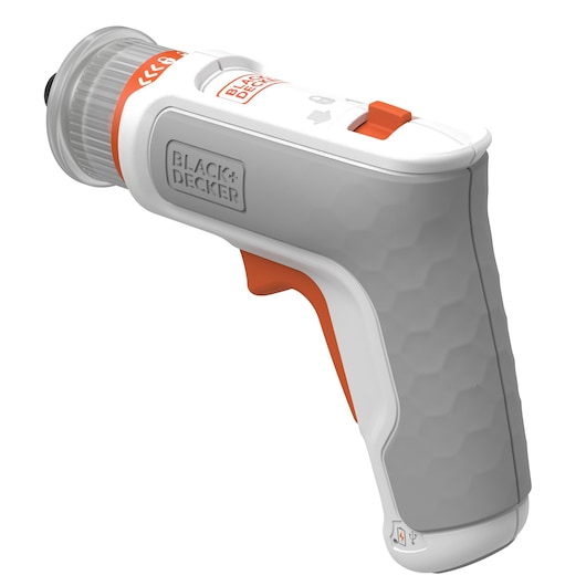 BLACK+DECKER BCRTA01 cordless screwdriver side view, gray and orange ergonomic handle, white background.