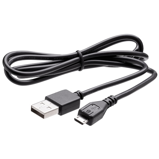 BLACKDECKER BCRTA01 black USB to micro USB cable, photography, side view on white background.