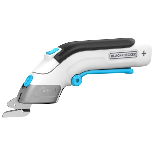 BLACK+DECKER BCSC115 electric cutter with white and black body and blue accents, side angle on white background.