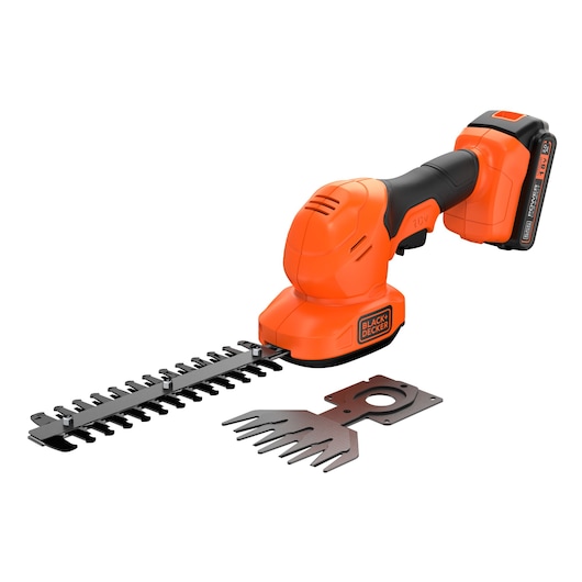 BLACK+DECKER BCSS18D1 cordless shrub shear with orange and black body, hedge and grass blades, front angle on white.