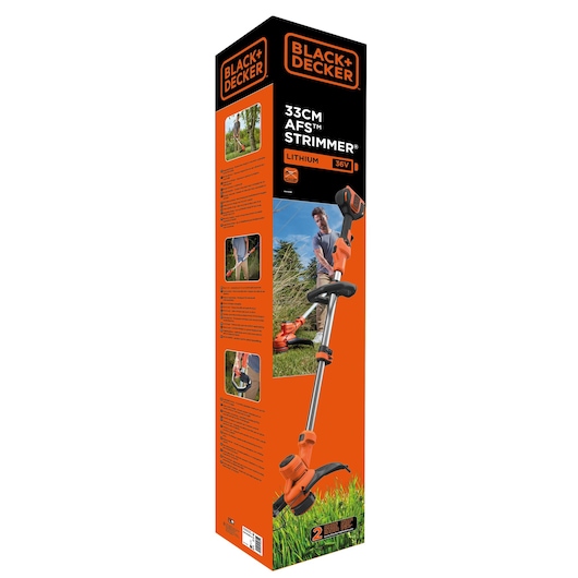 Photo of BLACK+DECKER BCSTA536B grass trimmer box, orange and black, showing product image and features.