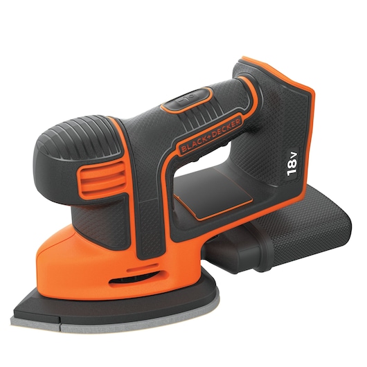 A BLACK+DECKER 18V cordless detail sander with a black and orange body, ergonomic grip, and dust collection attachment. The sander is designed for precision sanding in tight spaces.