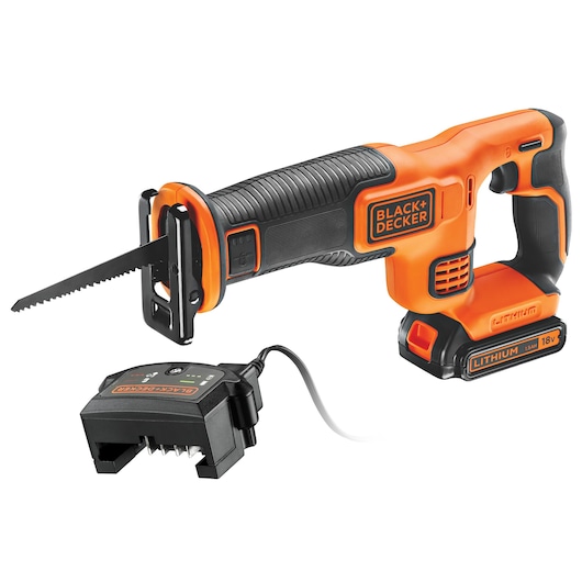 Cordless reciprocating saw by BLACK+DECKER with an orange and black design, shown with its battery and charger.