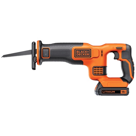 A BLACK+DECKER 18V cordless reciprocating saw with an orange and black design, featuring a textured grip and lithium battery.