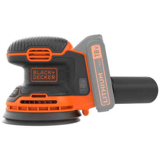 A BLACK+DECKER cordless random orbital sander, featuring an 18V lithium battery. The tool is mainly black with orange accents and has a textured grip handle.