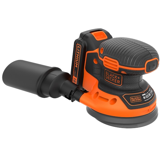 A BLACK+DECKER cordless random orbital sander with an 18V lithium battery, featuring an orange and black design and a dust collection container attached.