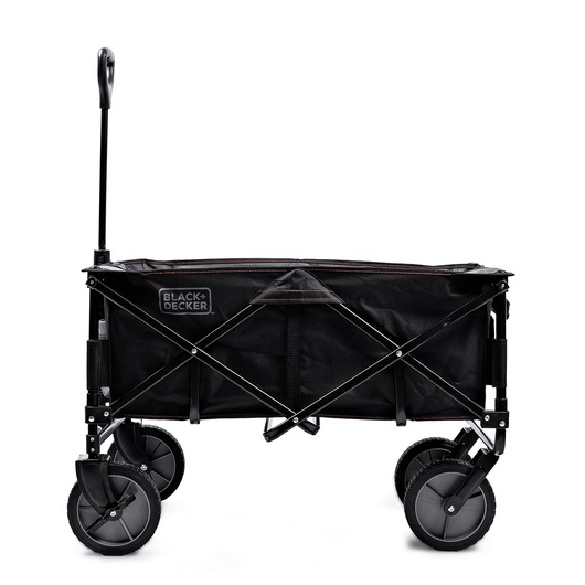 A BLACK+DECKER folding utility wagon with a black fabric body, sturdy metal frame, and four large wheels. The wagon features a handle for pulling and is designed for carrying items.