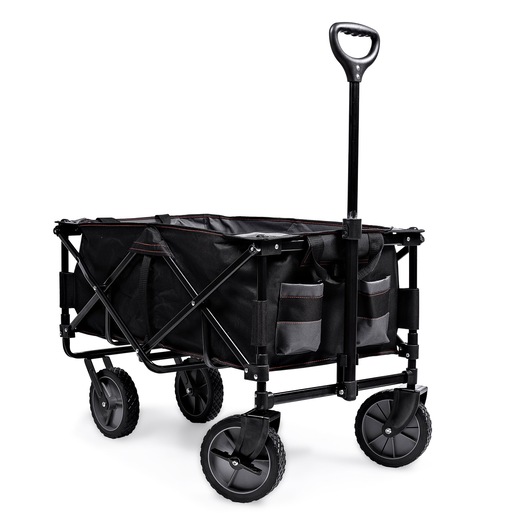 A black collapsible utility wagon with four sturdy wheels, an adjustable handle, and several storage pockets on the side. The wagon is designed for easy transport and storage.
