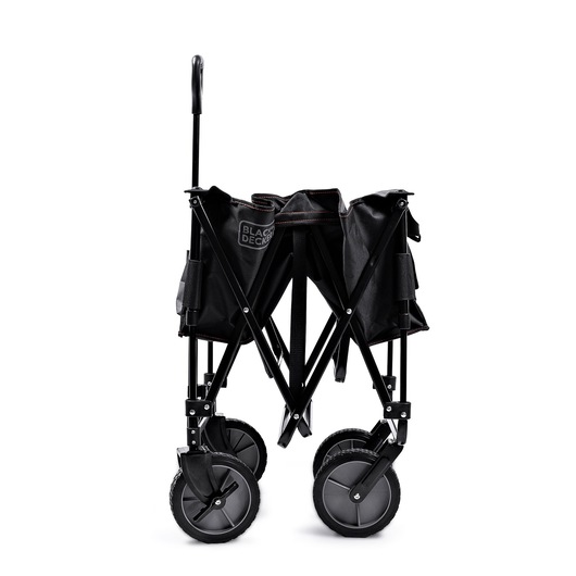 A BLACK+DECKER collapsible utility wagon, shown in a folded position with four large wheels and a sturdy metal frame, suitable for transporting items.