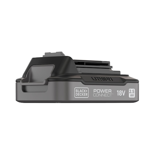 A BLACK+DECKER Power Connect lithium battery with 18V and 2.5Ah capacity, shown in a close-up view on a white background.