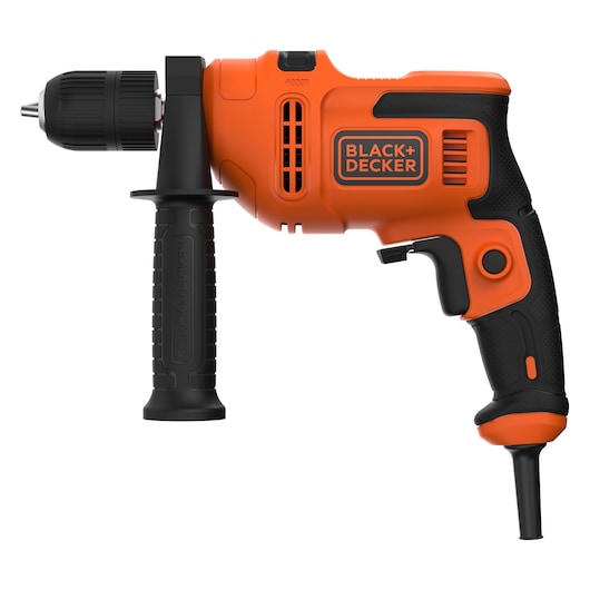 A BLACK+DECKER electric drill with an orange and black body, side handle, and corded power. The drill is shown in a profile view on a white background.