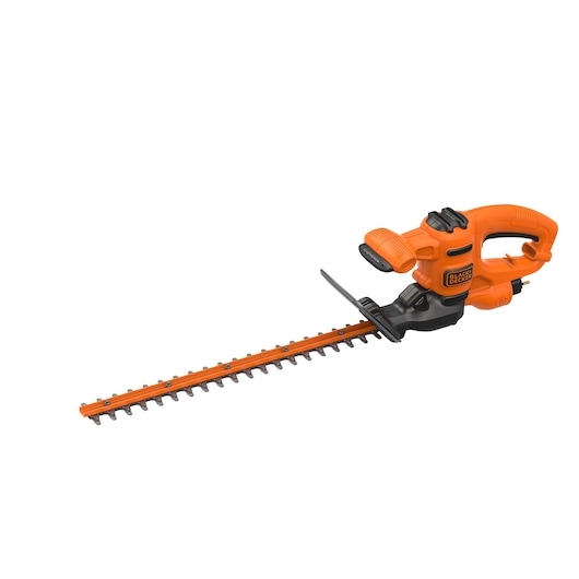 A BLACK+DECKER orange and black electric hedge trimmer with a long blade and ergonomic handle.