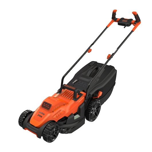 BLACKDECKER BEMW461BH lawn mower, orange and black, front angle on white background.