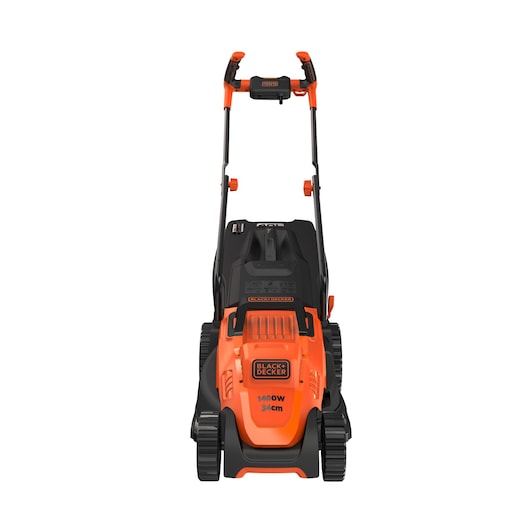 BLACKDECKER BEMW461BH electric lawn mower, orange and black, front view, 1400W, 34cm cutting width.