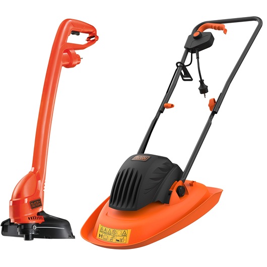 Two BLACK+DECKER gardening tools are displayed: an orange and black electric grass trimmer on the left, and an orange and black electric hover mower with a handle and safety labels on the right. Both tools are designed for lawn maintenance.