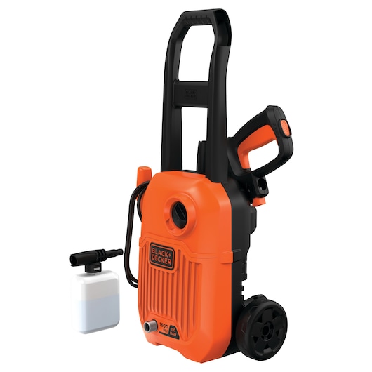 BLACK+DECKER portable electric pressure washer with orange and black design, attached wheels, a spray gun, and a separate white detergent bottle.