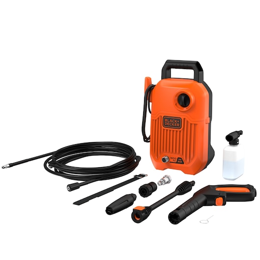 BLACK+DECKER BEPW1300 orange pressure washer with black handle, hose, spray gun, foam bottle, and multiple accessories, front angle.