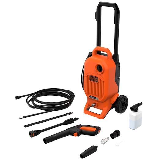 BLACKDECKER BEPW1700 orange pressure washer with wheels, hose, spray gun, lance, and accessories, front angle, white background.
