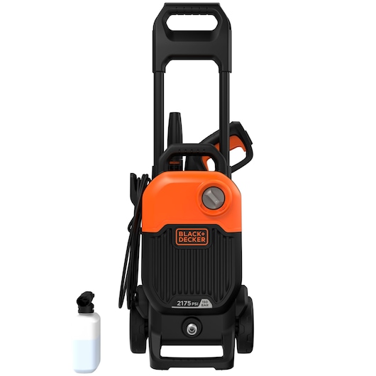 Front view of a BLACK+DECKER BEPW2000 pressure washer in black and orange, with wheels and a carrying handle, and a separate white detergent bottle placed on the left.