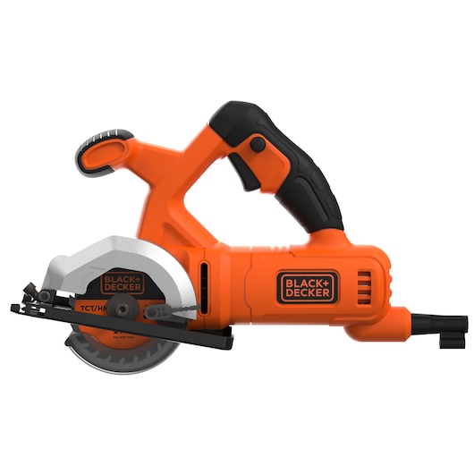 Side view of an orange BLACK+DECKER handheld circular saw with a black handle and visible blade guard.